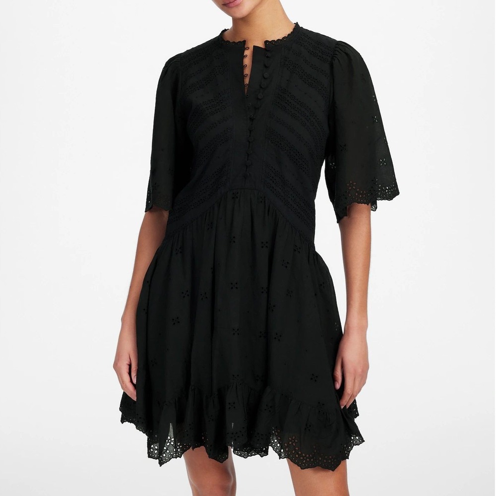 Madewell Eyelet Flutter Mini Dress 00‎ Black Button Front Puff Sleeve Cotton